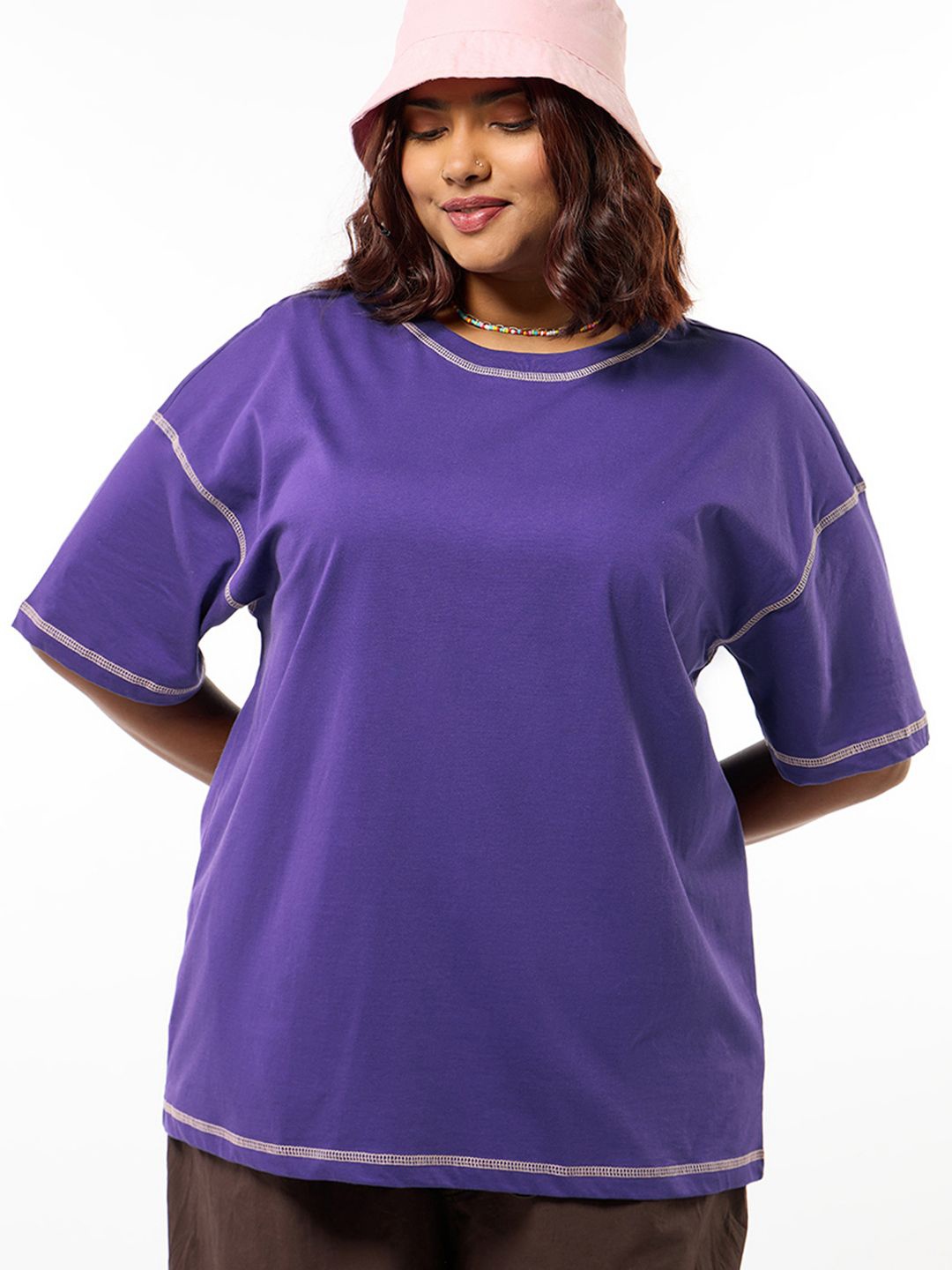 

Bewakoof Plus Women Plus Size Solid Drop Shoulder Sleeves Oversized T-shirt, Blue
