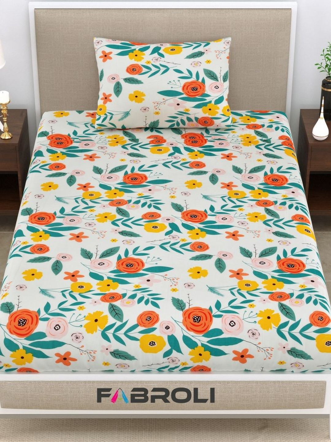 

FABROLI White Red Floral Printed 250 TC Single Bedsheet with 1 Pillow Cover