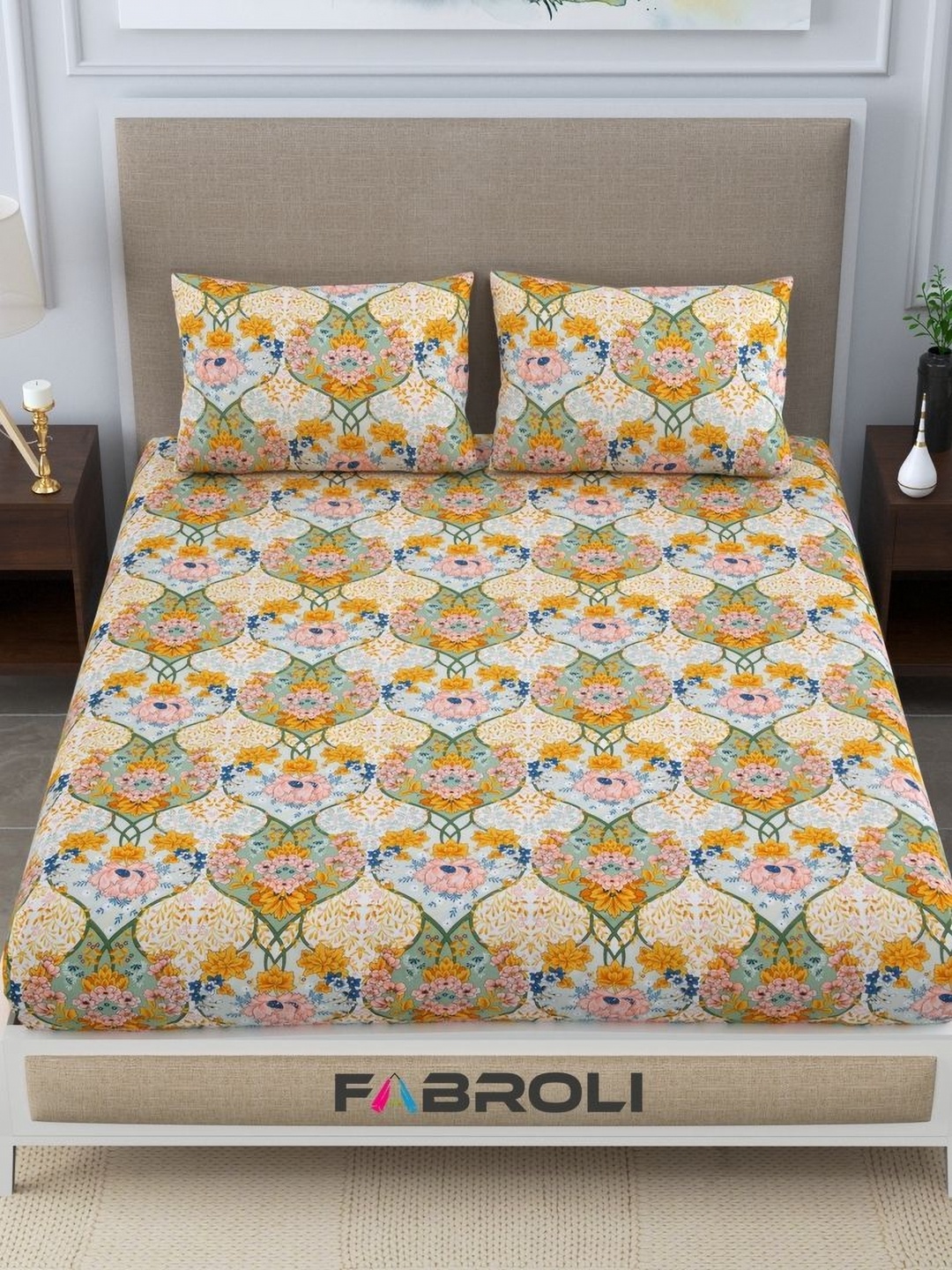 

FABROLI Blue Pink Floral Printed 250 TC Queen Bedsheet with 2 Pillow Covers