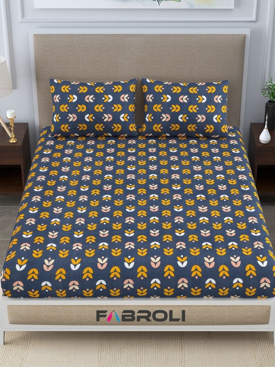 

FABROLI Blue Yellow Floral Printed 250 TC Queen Bedsheet with 2 Pillow Covers