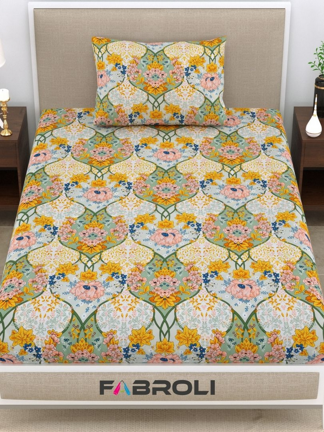 

FABROLI Blue Pinl Floral Printed 250 TC Single Bedsheet with 1 Pillow Cover