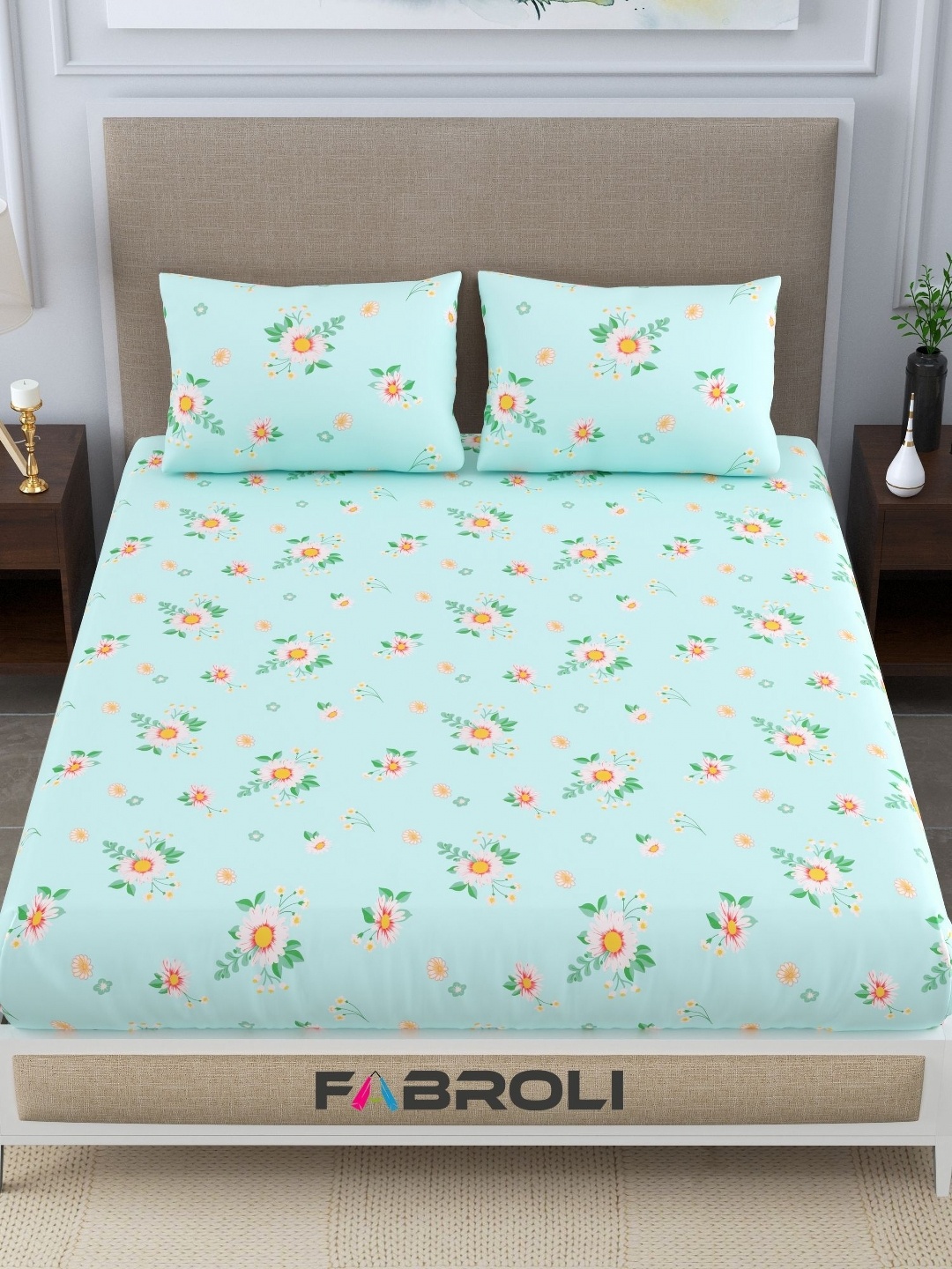 

FABROLI Green Pink Floral Prnted 250 TC Queen Bedsheet with 2 Pillow Covers