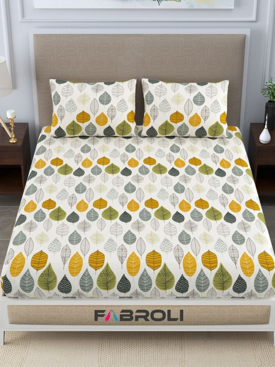 

FABROLI White Yellow Floral Printed 250 TC Queen Bedsheet with 2 Pillow Covers