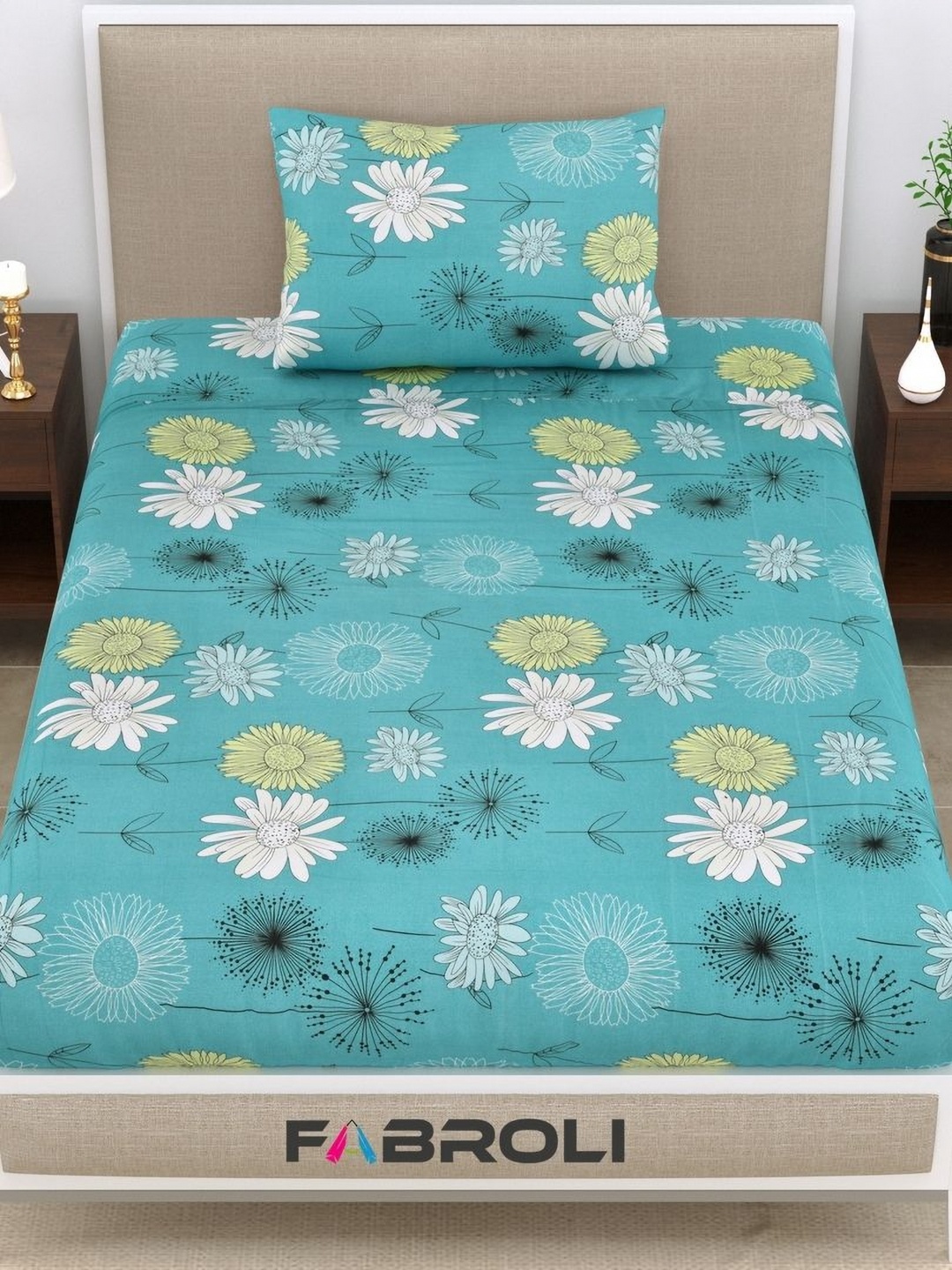 

FABROLI Blue White Floral Printed 250 TC Single Bedsheet with 1 Pillow Cover