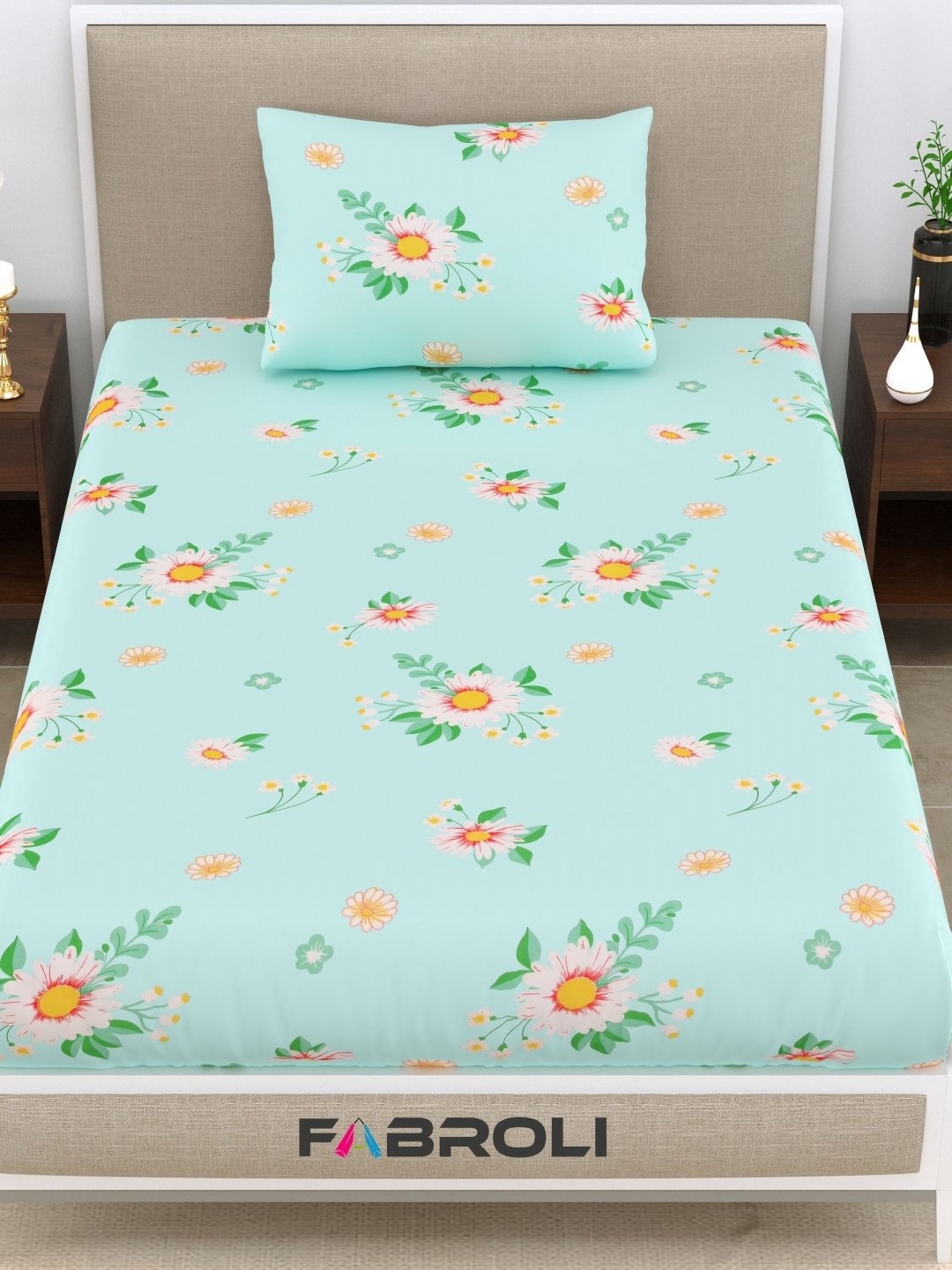 

FABROLI Green Pink Floral Printed 250 TC Single Bedsheet with 1 Pillow Cover