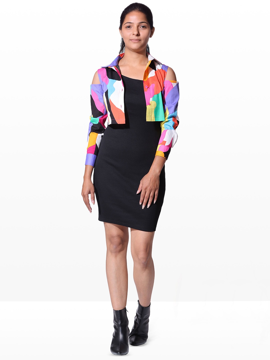 

AMPED Girls Slim Fit Bodycon Dress with Abstract Print Jacket, Black