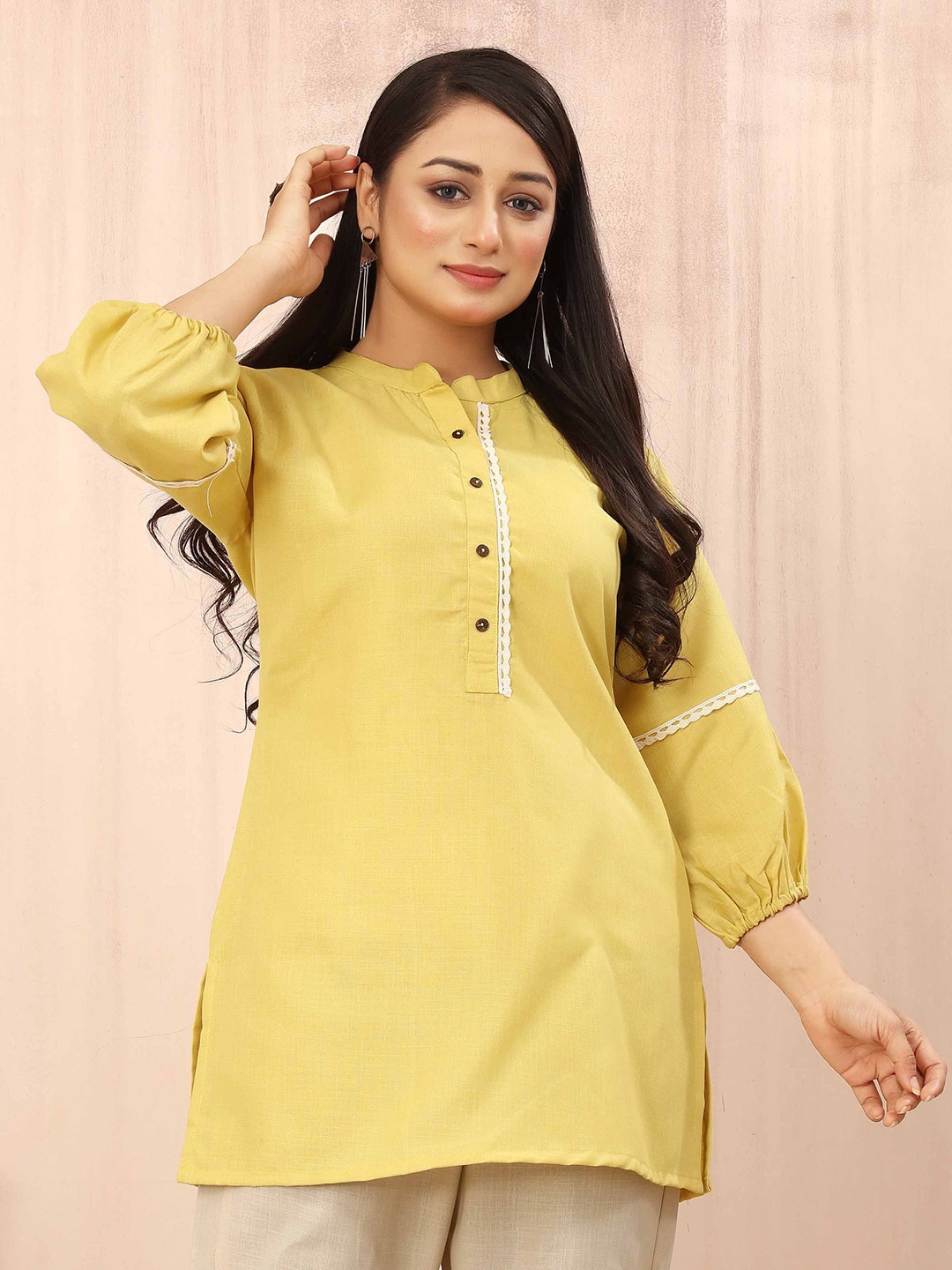 

Odd By Poshaak Solid Mandarin Collar Tunic, Yellow