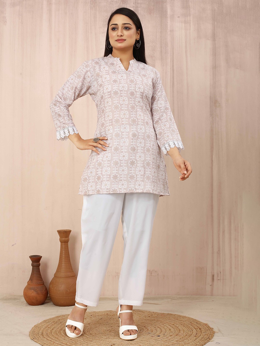 

Odd By Poshaak Mandarin Collar Floral Printed Cotton Tunic, Off white