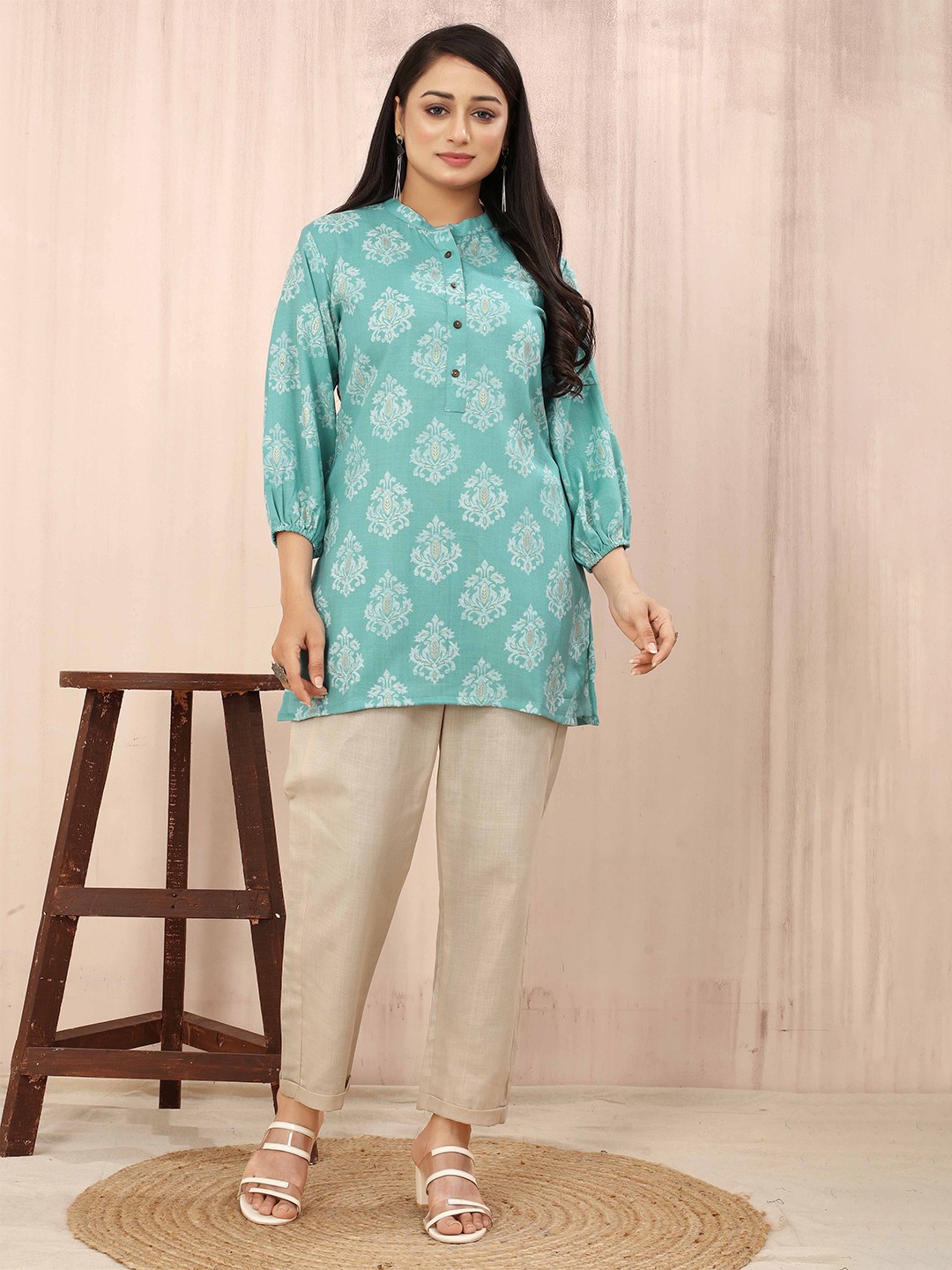 

Odd By Poshaak Ethnic Printed Mandarin Collar Tunic, Turquoise blue