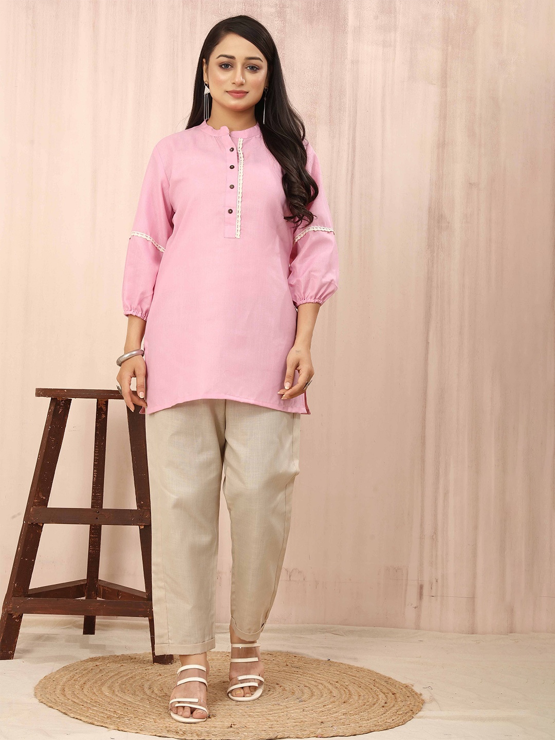 

Odd By Poshaak Solid Mandarin Collar Cotton Tunic, Pink