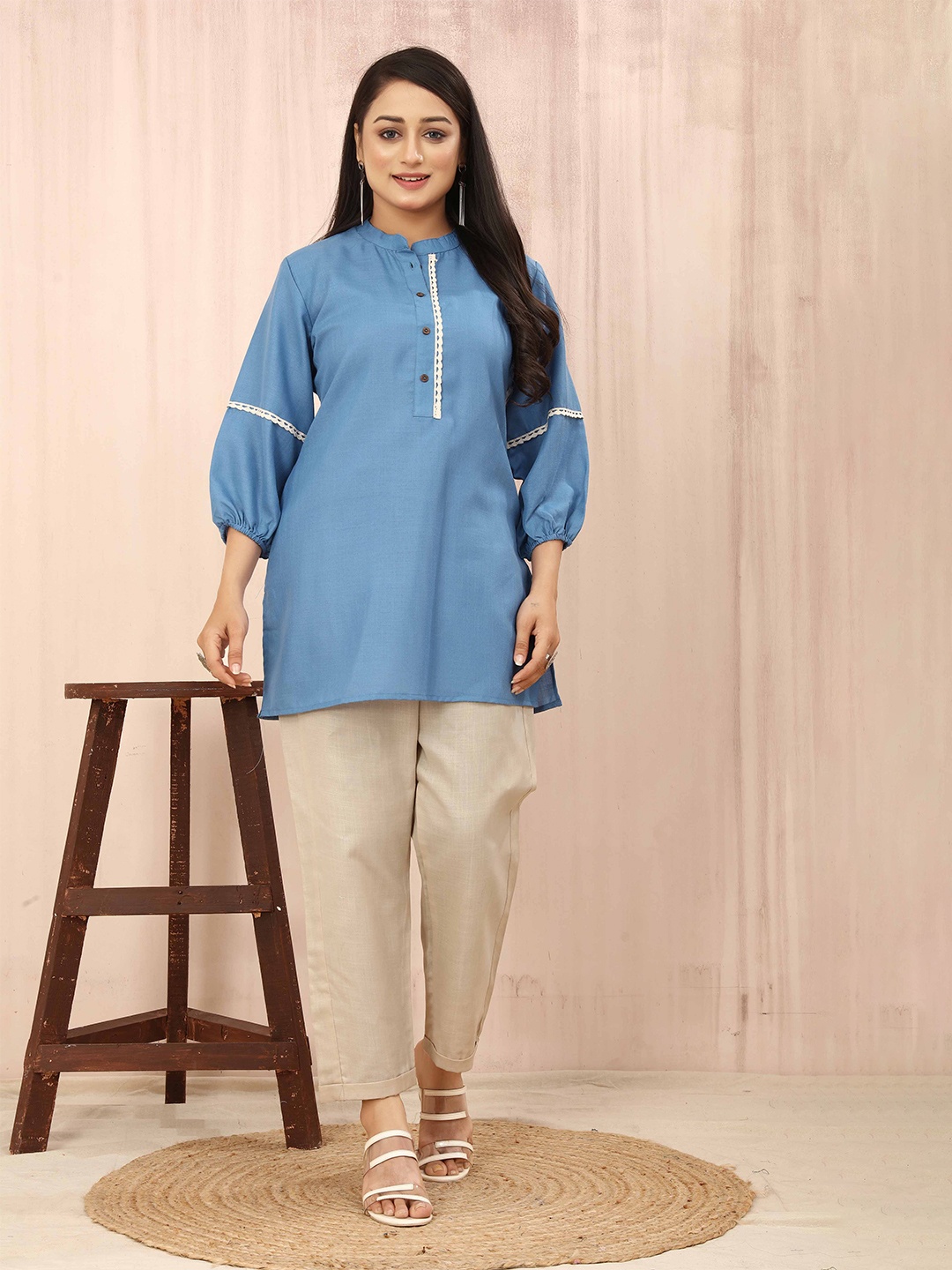 

Odd By Poshaak Solid Mandarin Collar Tunic, Turquoise blue