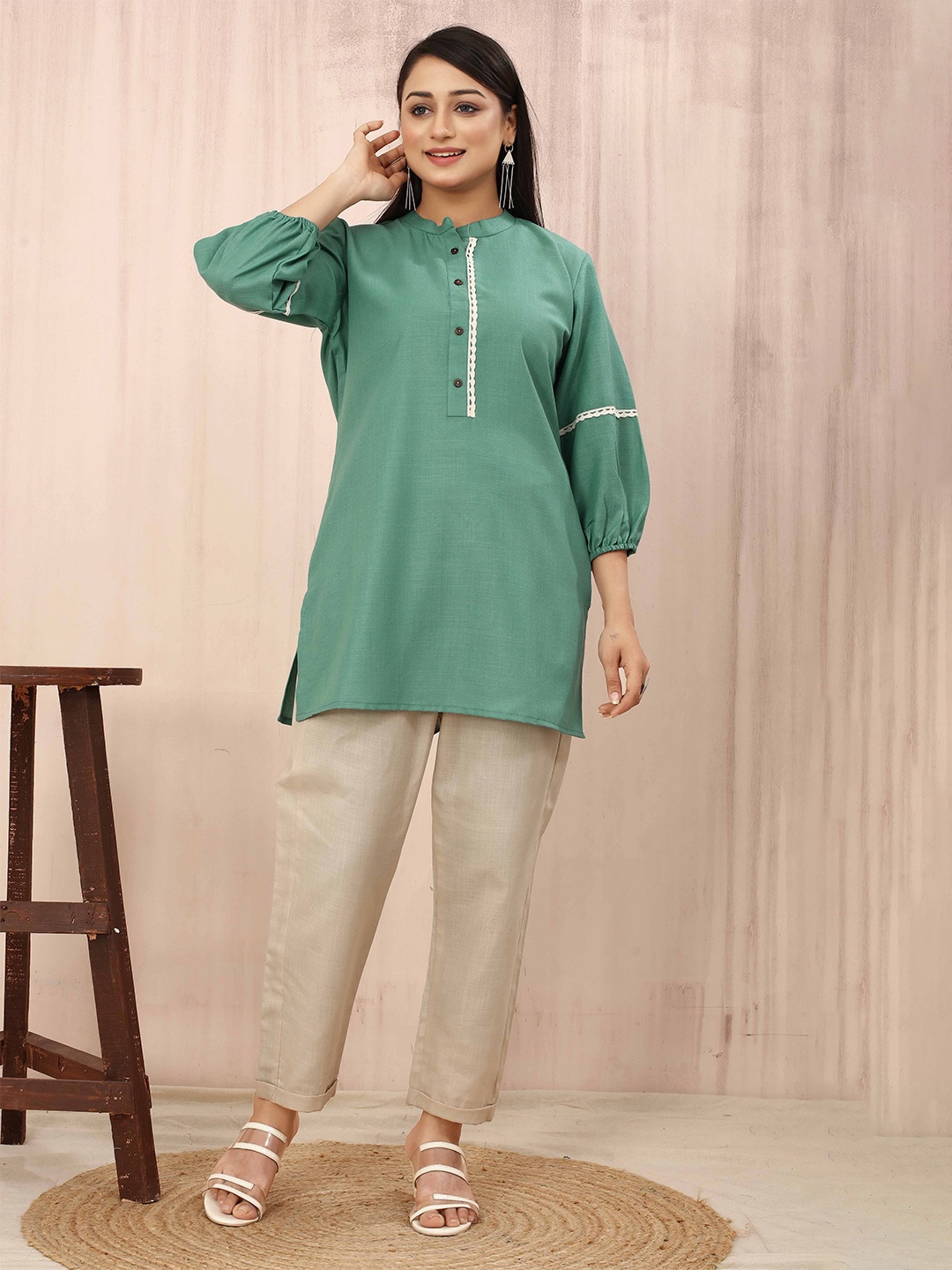 

Odd By Poshaak Solid Mandarin Collar Tunic, Sea green