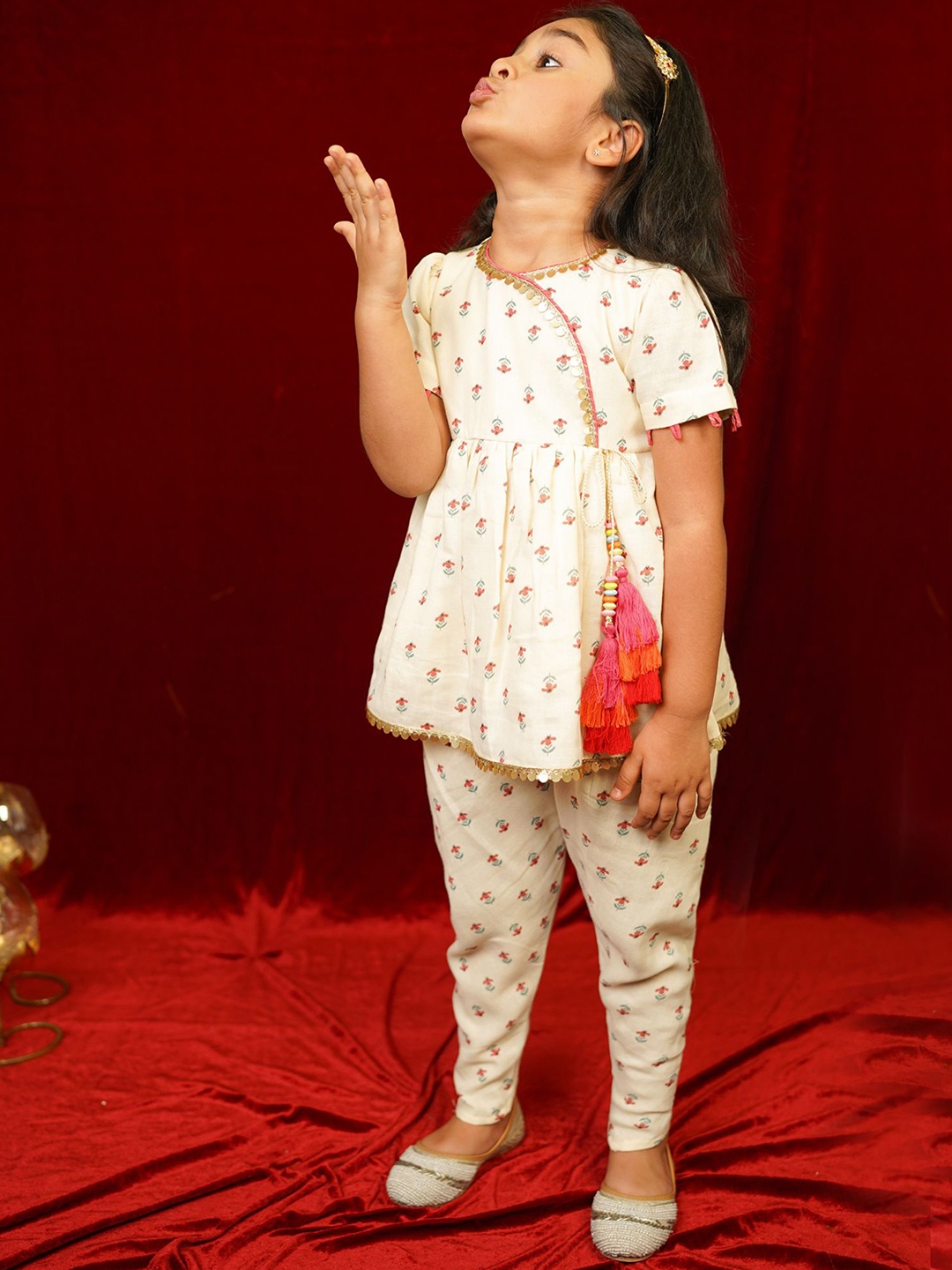 

Little Carrot Girls Floral Printed Angrakha Pure Cotton Kurti with Dhoti Pants, Cream