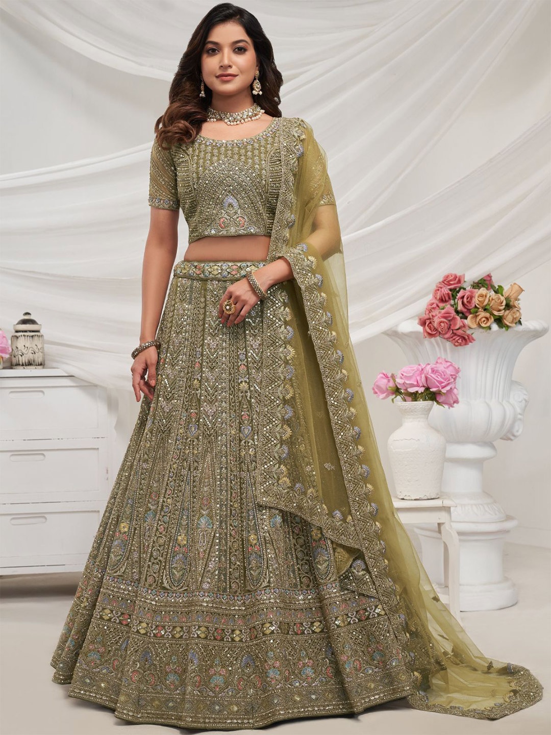 

ODETTE Embroidered Sequinned Semi-Stitched Net Lehenga & Unstitched Blouse With Dupatta, Olive