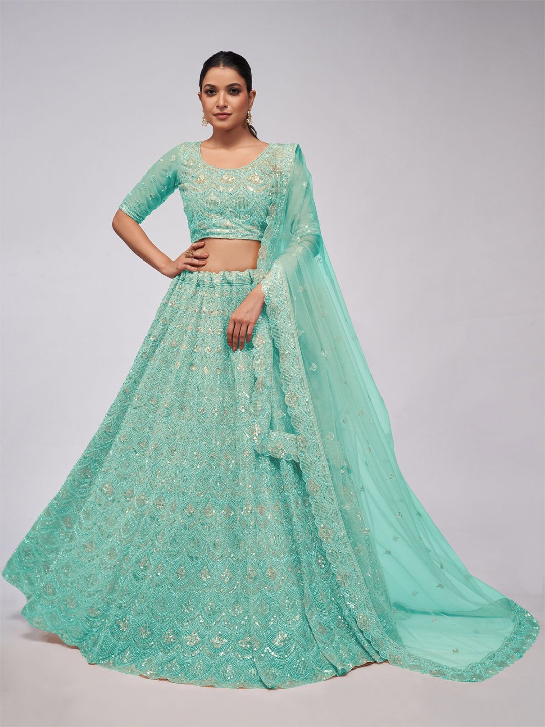 

ODETTE Embroidered Sequinned Semi-Stitched Lehenga & Unstitched Blouse With Dupatta, Blue