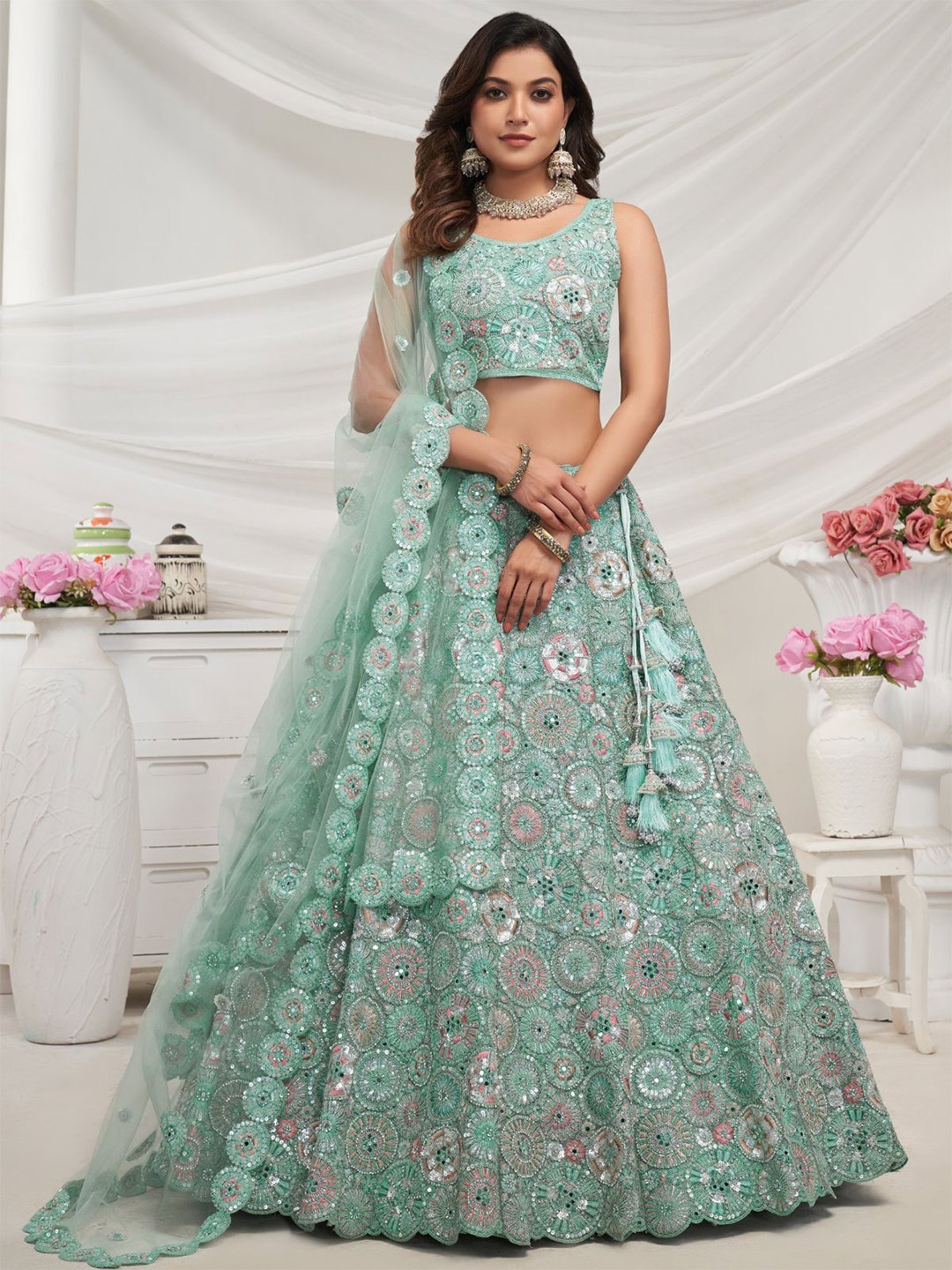 

ODETTE Embroidered Sequinned Semi-Stitched Net Lehenga & Unstitched Blouse With Dupatta, Blue