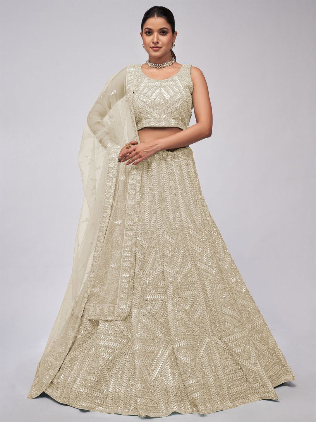 

ODETTE Embroidered Sequinned Semi-Stitched Net Lehenga & Unstitched Blouse With Dupatta, White