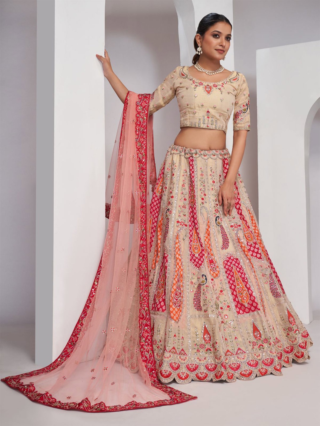 

ODETTE Embroidered Organza Semi Stitched Lehenga & Unstitched Blouse With Dupatta, Cream