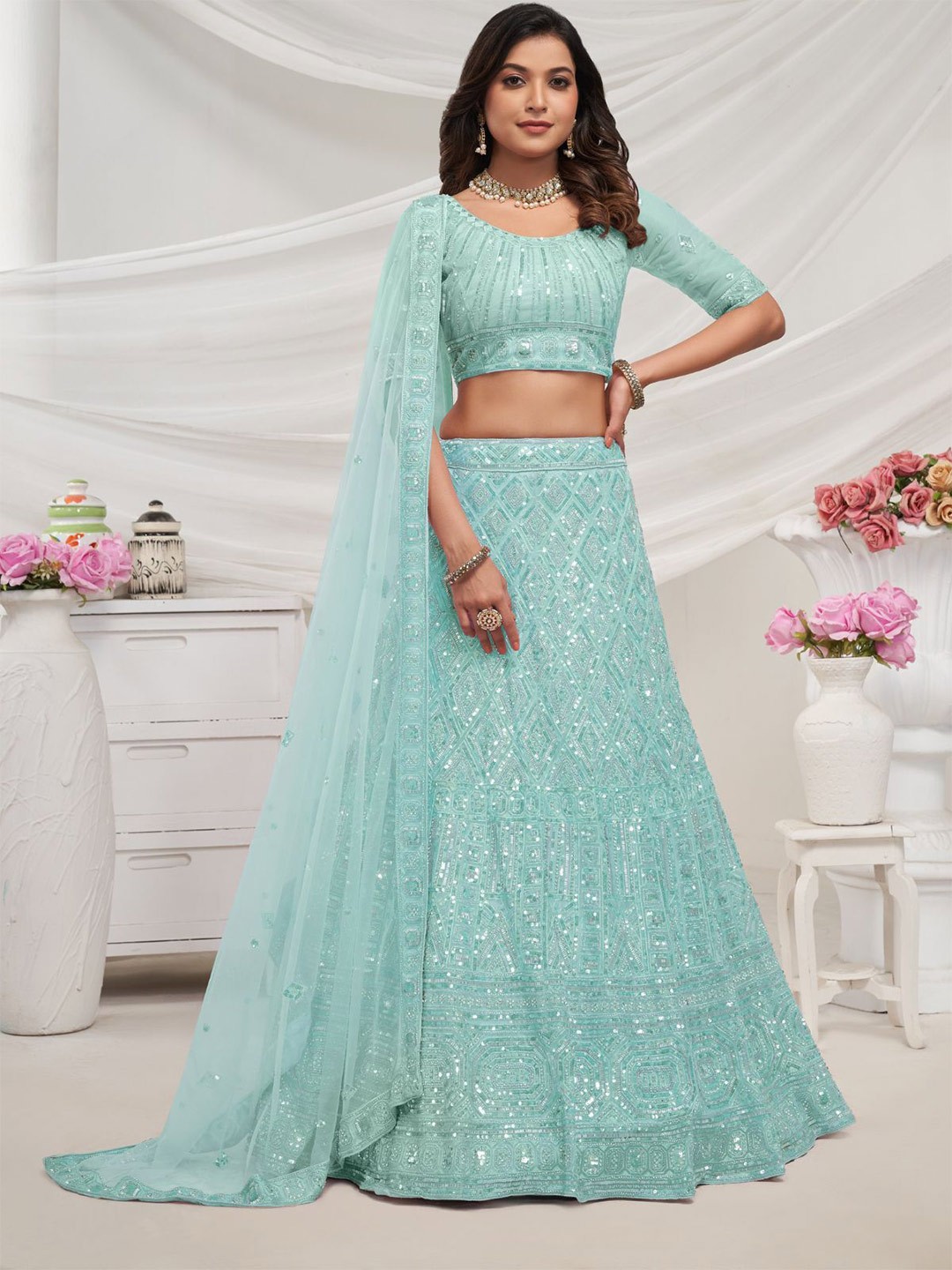 

ODETTE Embroidered Sequinned Semi Stitched Lehenga & Unstitched Blouse With Dupatta, Blue