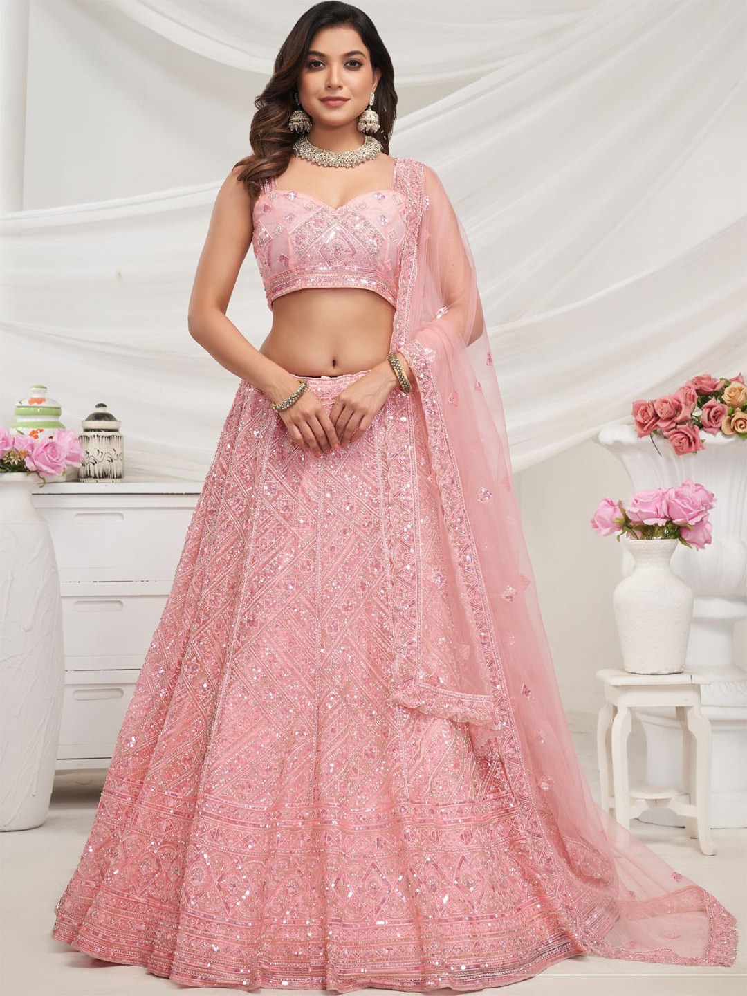 

ODETTE Embroidered Sequinned Semi Stitched Lehenga & Unstitched Blouse With Dupatta, Peach