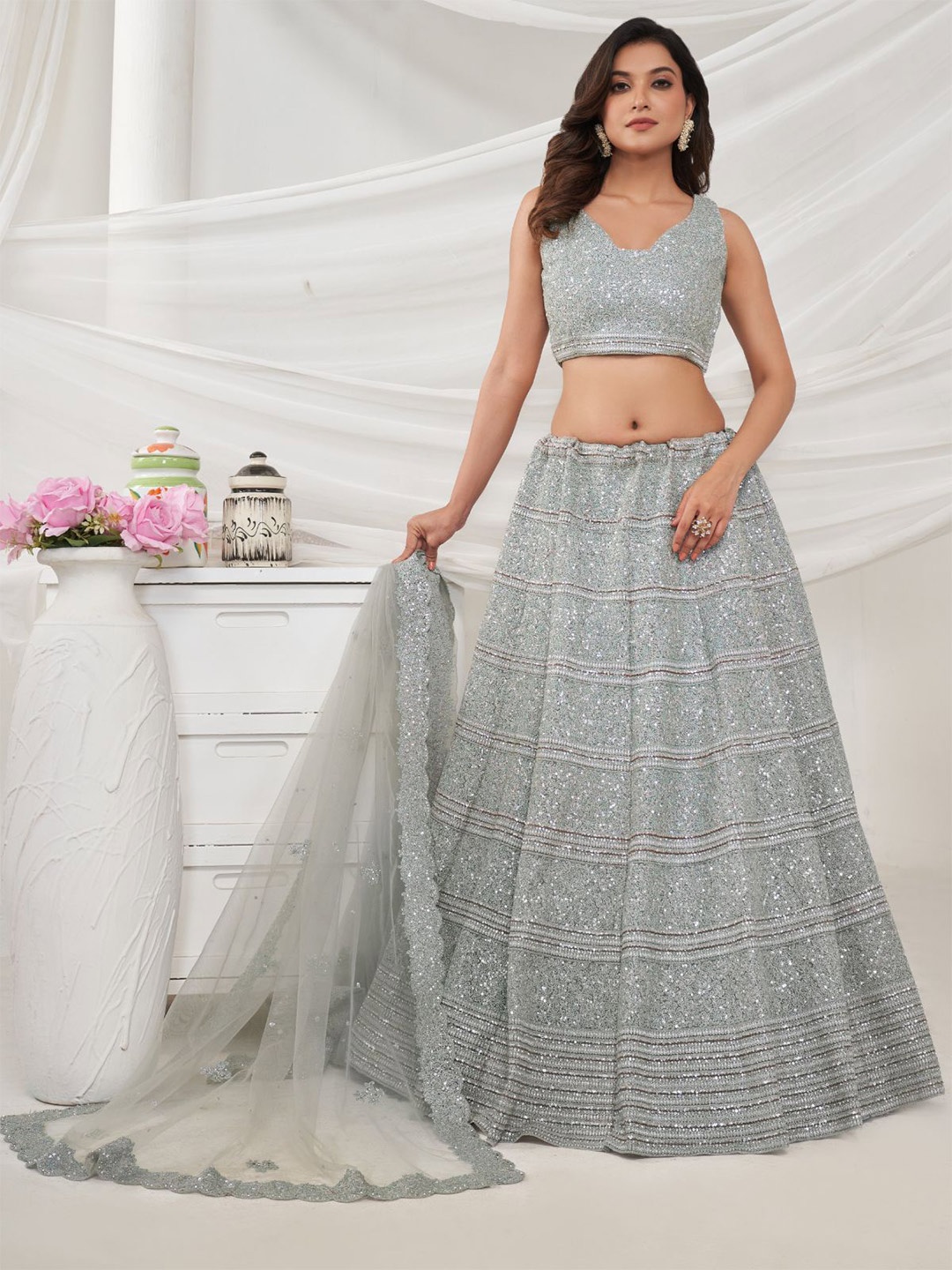 

ODETTE Embroidered Sequinned Semi Stitched Lehenga & Unstitched Blouse With Dupatta, Grey