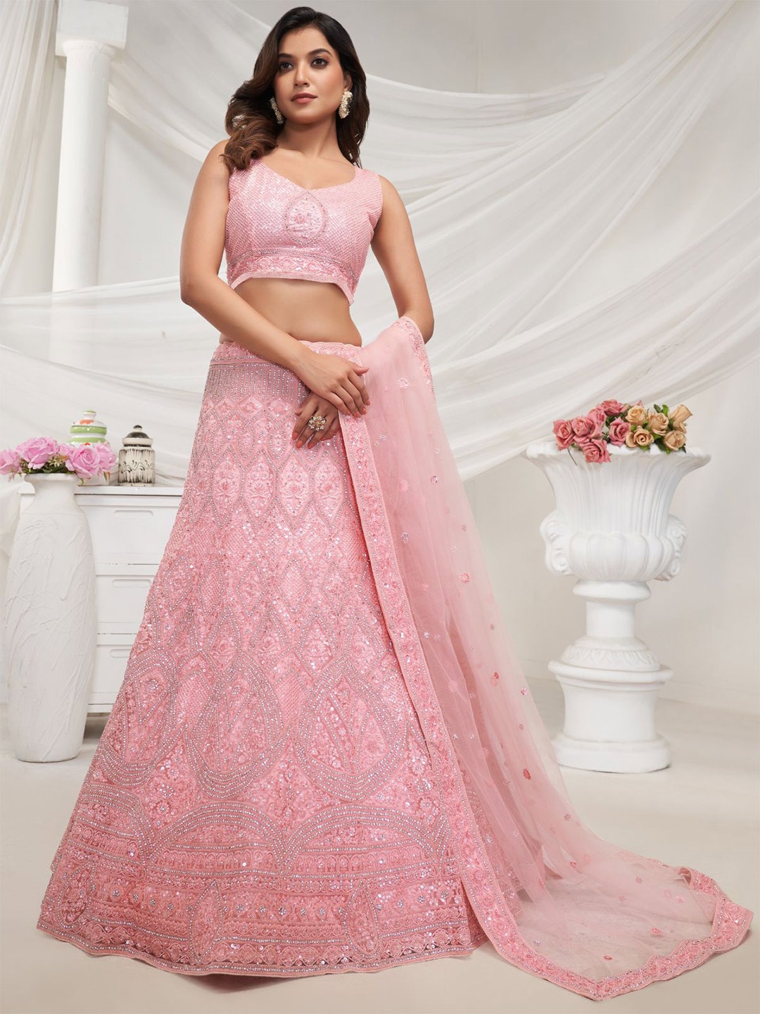 

ODETTE Embroidered Beads & Stones Semi-Stitched Lehenga & Unstitched Blouse With Dupatta, Pink