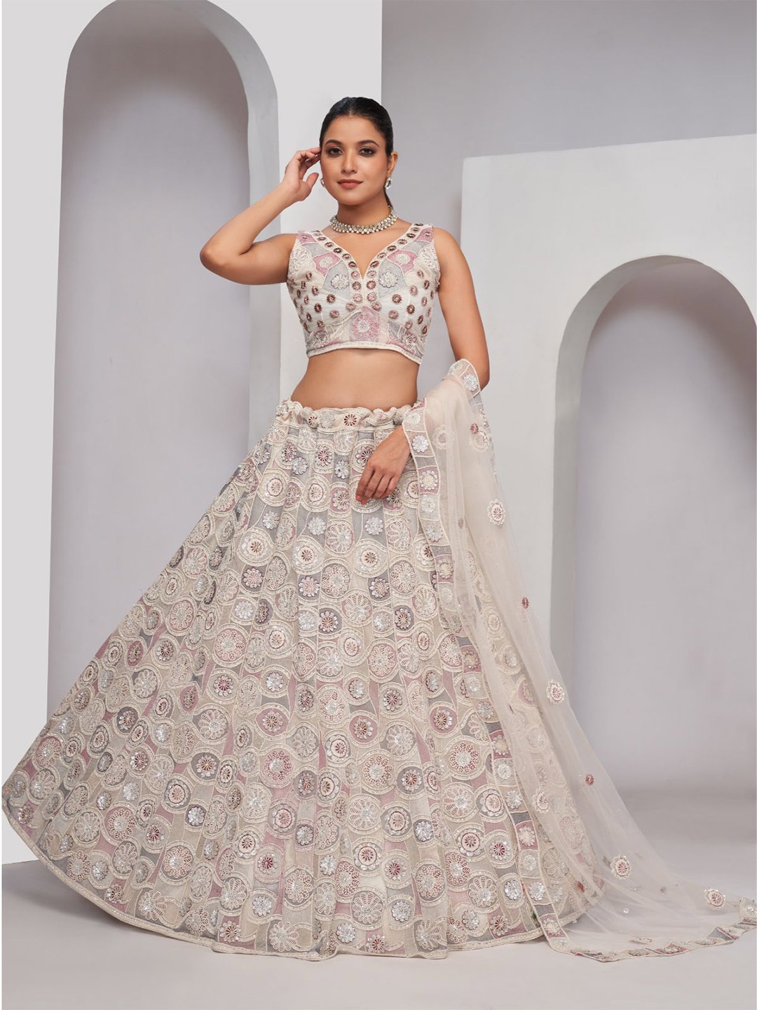 

ODETTE Embroidered Sequinned Semi-Stitched Net Lehenga & Unstitched Blouse With Dupatta, White