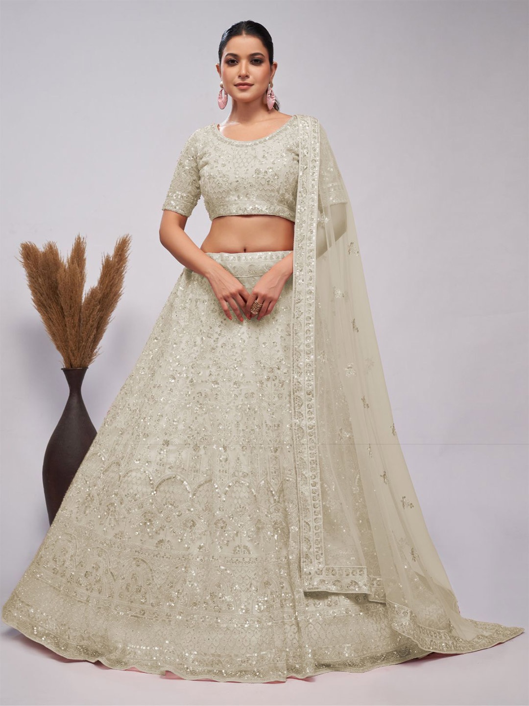 

ODETTE Embroidered Sequinned Semi-Stitched Net Lehenga & Unstitched Blouse With Dupatta, White