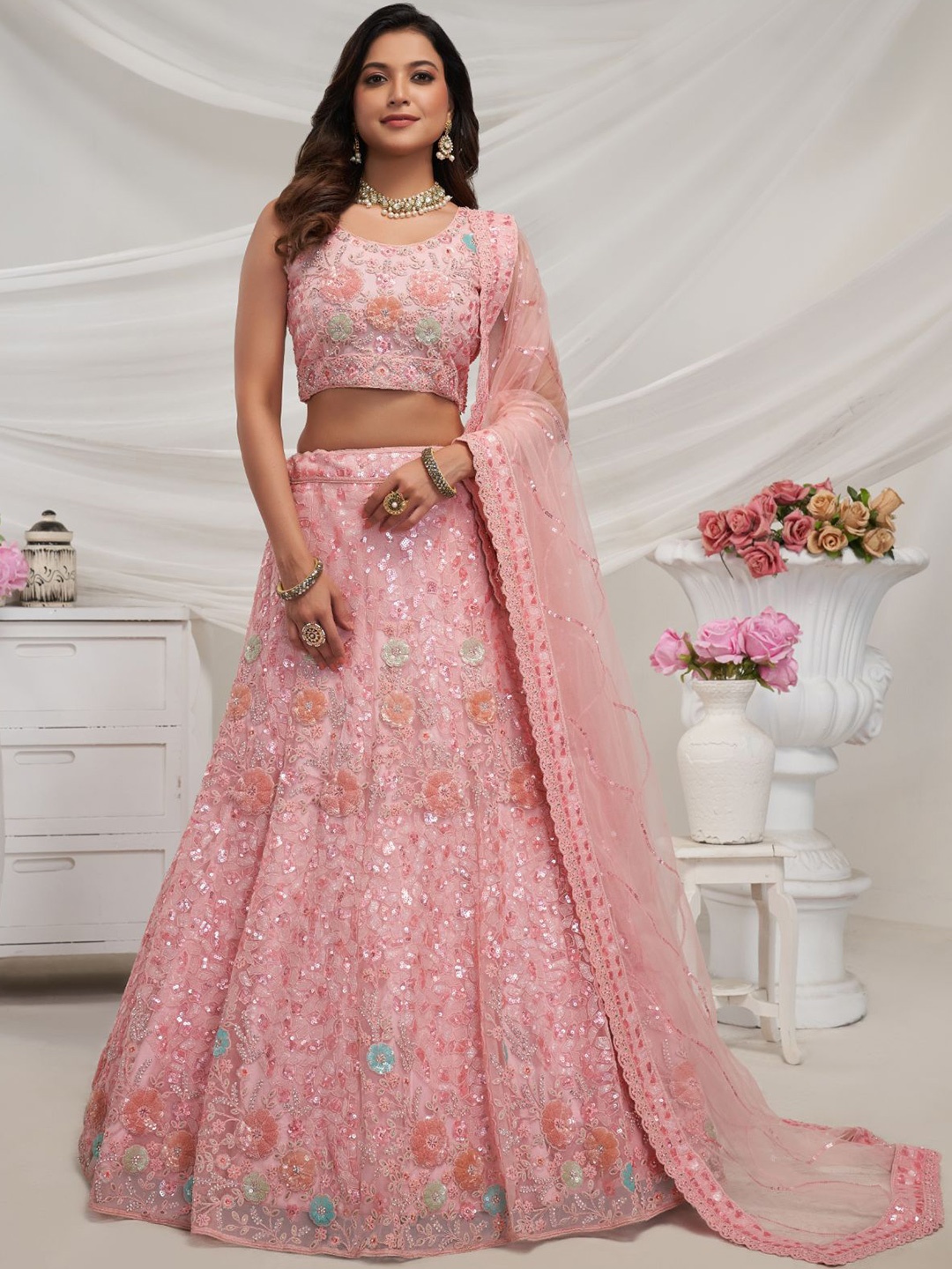 

ODETTE Embroidered Sequinned Semi Stitched Lehenga & Unstitched Blouse With Dupatta, Pink