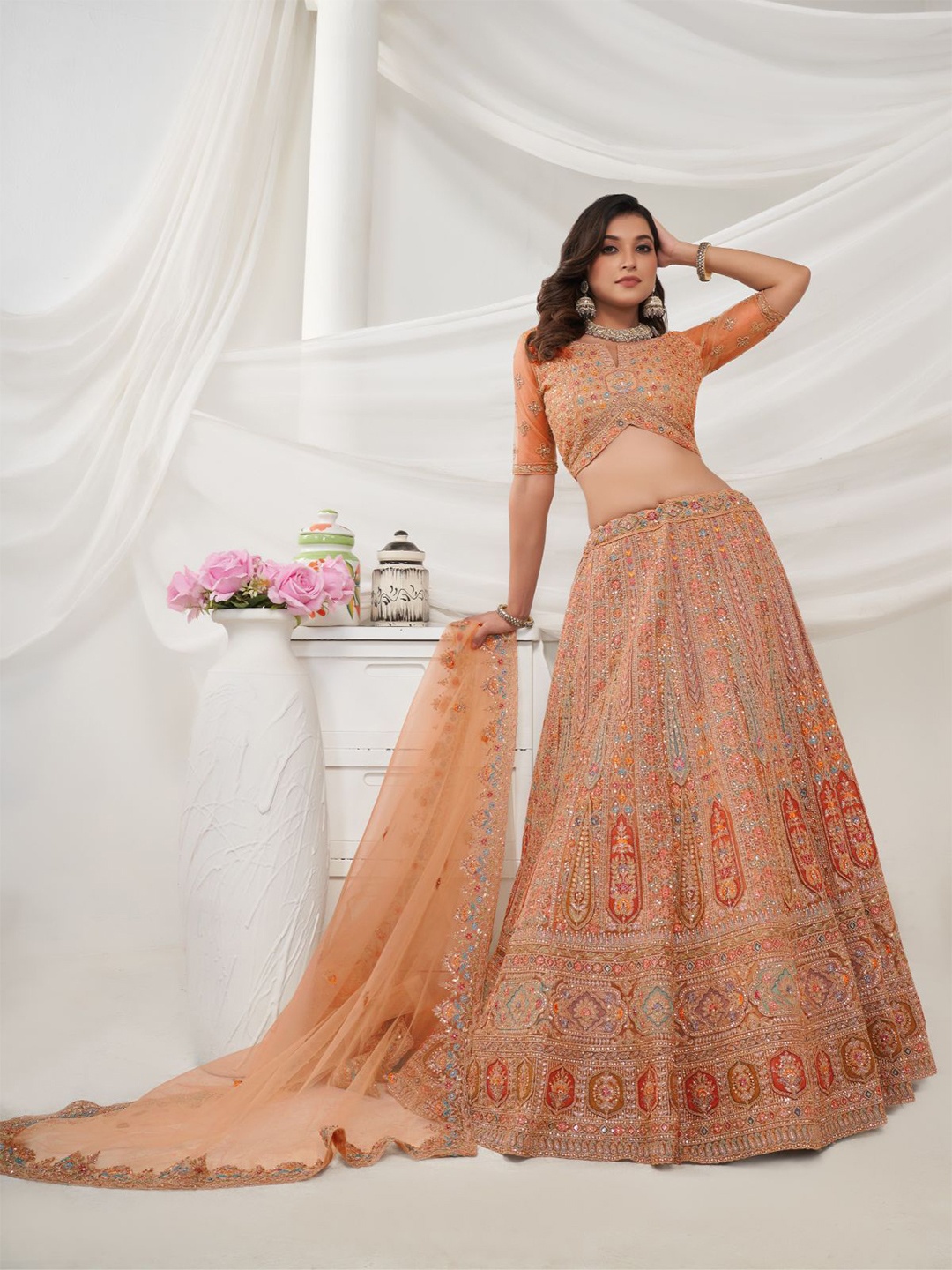 

ODETTE Embroidered Sequinned Semi-Stitched Net Lehenga & Unstitched Blouse With Dupatta, Orange