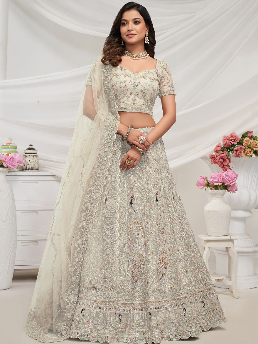 

ODETTE Embroidered Beads and Stones Semi-Stitched Lehenga & Unstitched Blouse With Dupatta, White