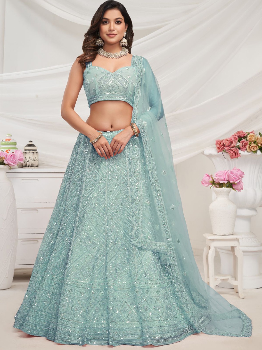 

ODETTE Embroidered Mirror Work Semi-Stitched Lehenga & Unstitched Blouse With Dupatta, Blue