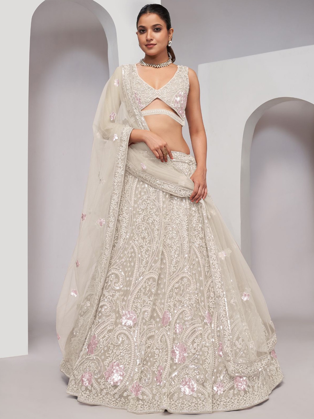 

ODETTE Embroidered Sequinned Semi Stitched Lehenga & Unstitched Blouse With Dupatta, White