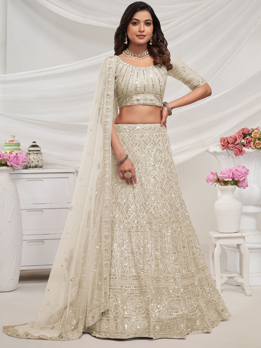 

ODETTE Embroidered Beads and Stones Semi-Stitched Lehenga & Unstitched Blouse With Dupatta, Off white