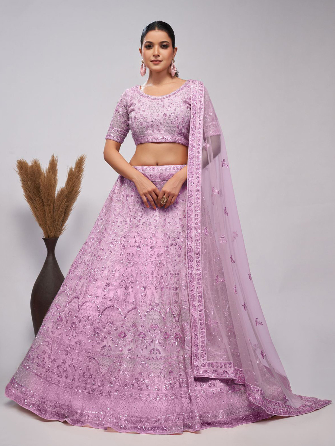 

ODETTE Embroidered Sequinned Semi-Stitched Lehenga & Unstitched Blouse With Dupatta, Pink