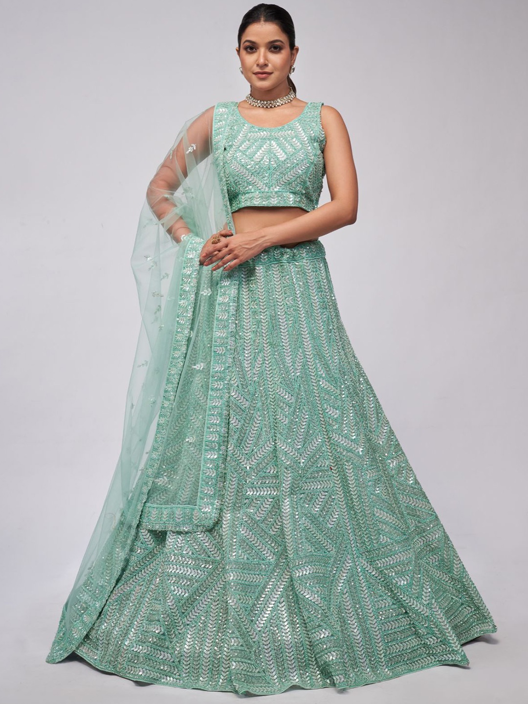 

ODETTE Embroidered Sequinned Semi-Stitched Net Lehenga & Unstitched Blouse With Dupatta, Sea green