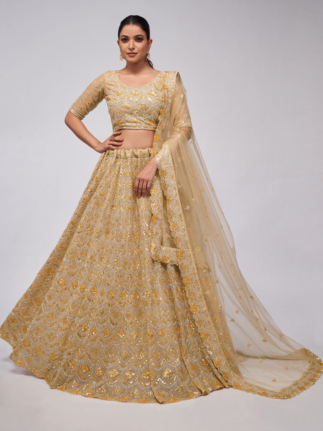 

ODETTE Embroidered Sequinned Semi-Stitched Lehenga & Unstitched Blouse With Dupatta, Gold
