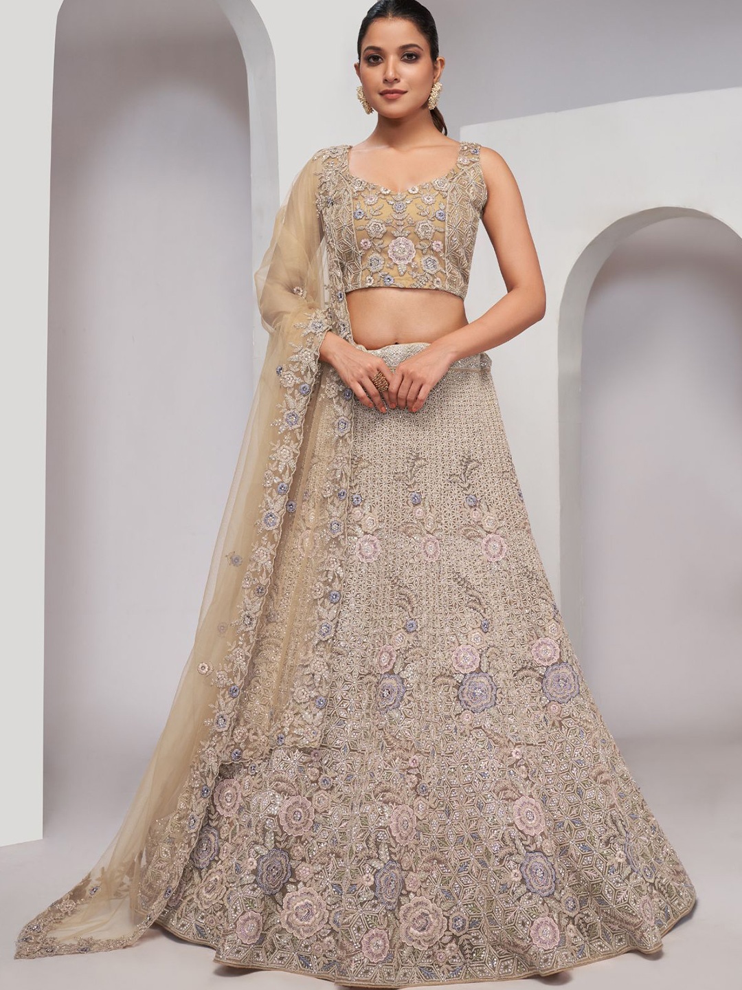 

ODETTE Embroidered Semi Stitched Lehenga & Unstitched Blouse With Dupatta, Gold