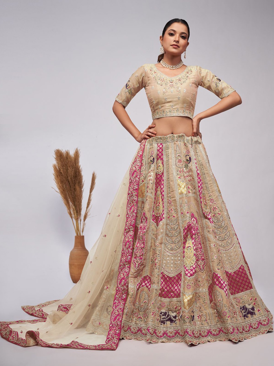 

ODETTE Embroidered Sequinned Semi-Stitched Lehenga & Unstitched Blouse With Dupatta, Gold