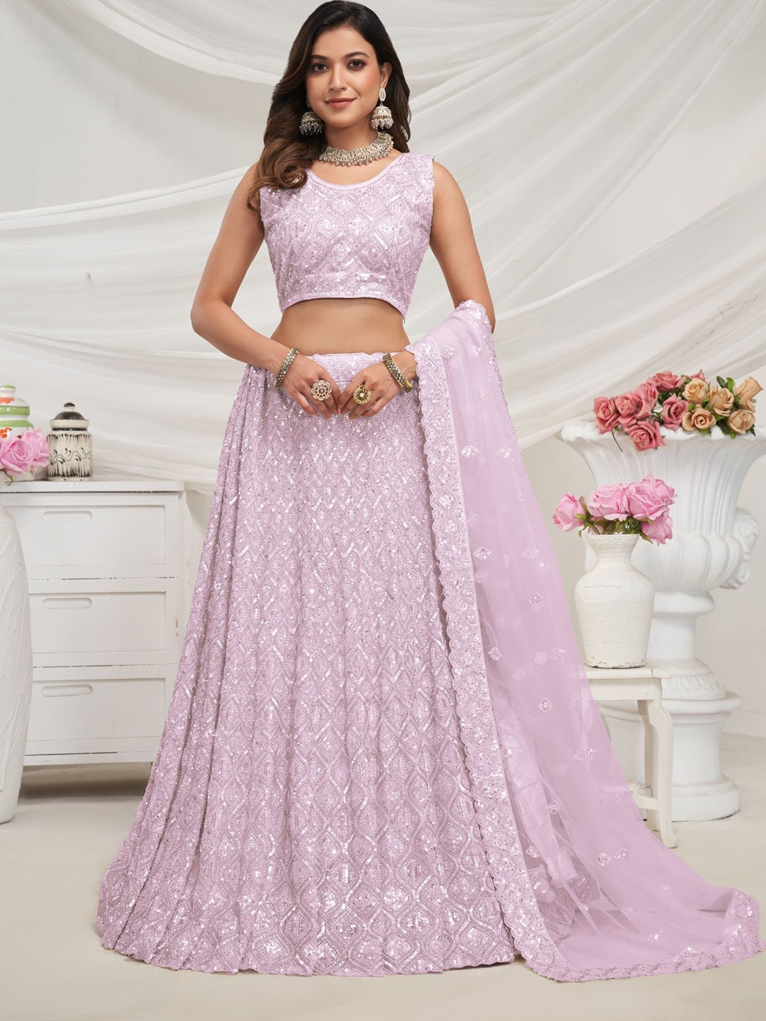 

ODETTE Embroidered Sequinned Semi-Stitched Net Lehenga & Unstitched Blouse With Dupatta, Purple