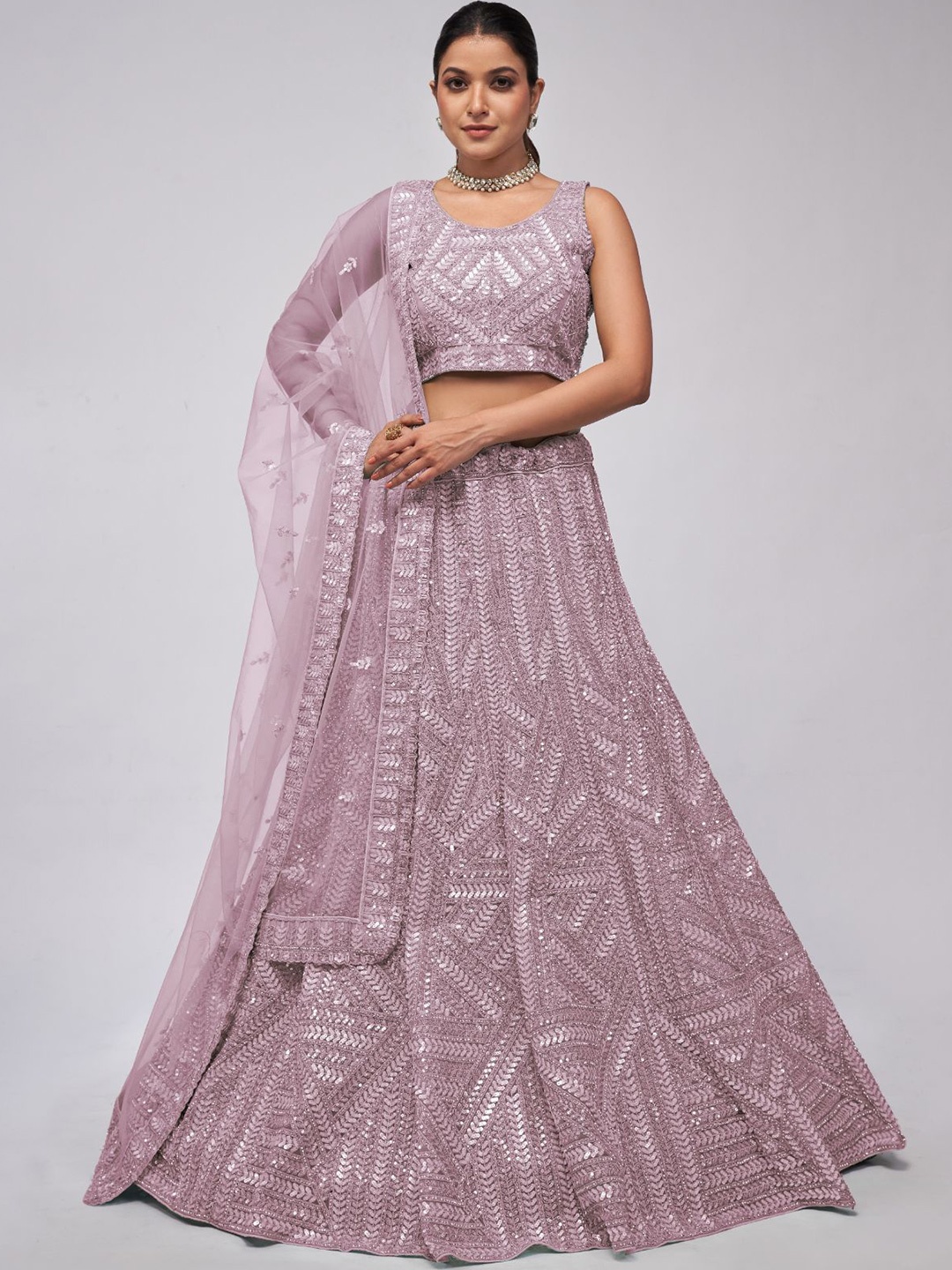 

ODETTE Embroidered Sequinned Semi-Stitched Net Lehenga & Unstitched Blouse With Dupatta, Mauve
