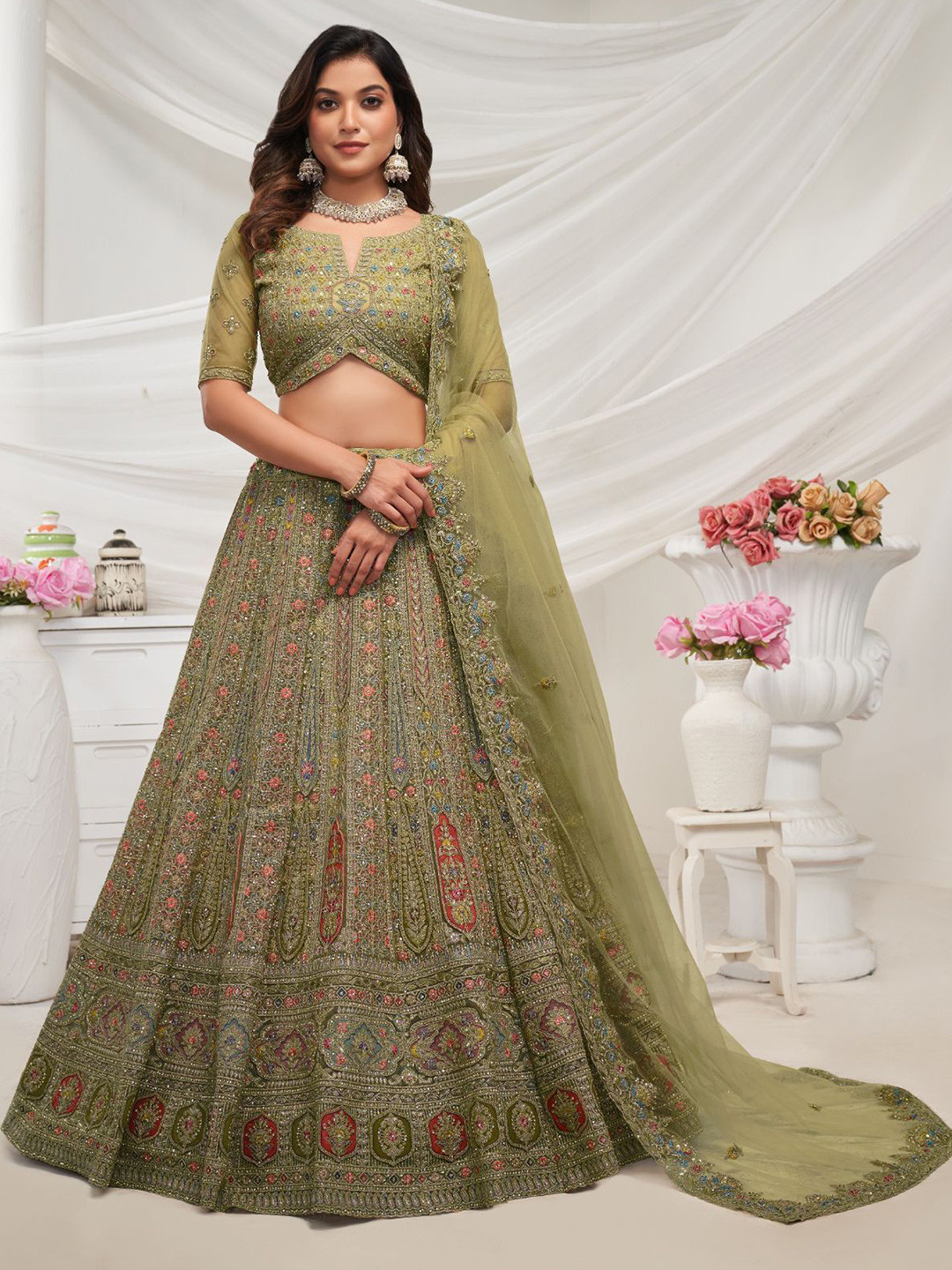 

ODETTE Embroidered Sequinned Semi-Stitched Net Lehenga & Unstitched Blouse With Dupatta, Green