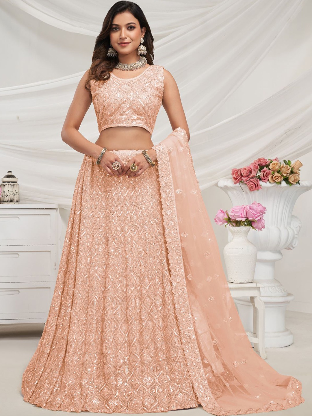 

ODETTE Embroidered Sequinned Semi-Stitched Net Lehenga & Unstitched Blouse With Dupatta, Peach