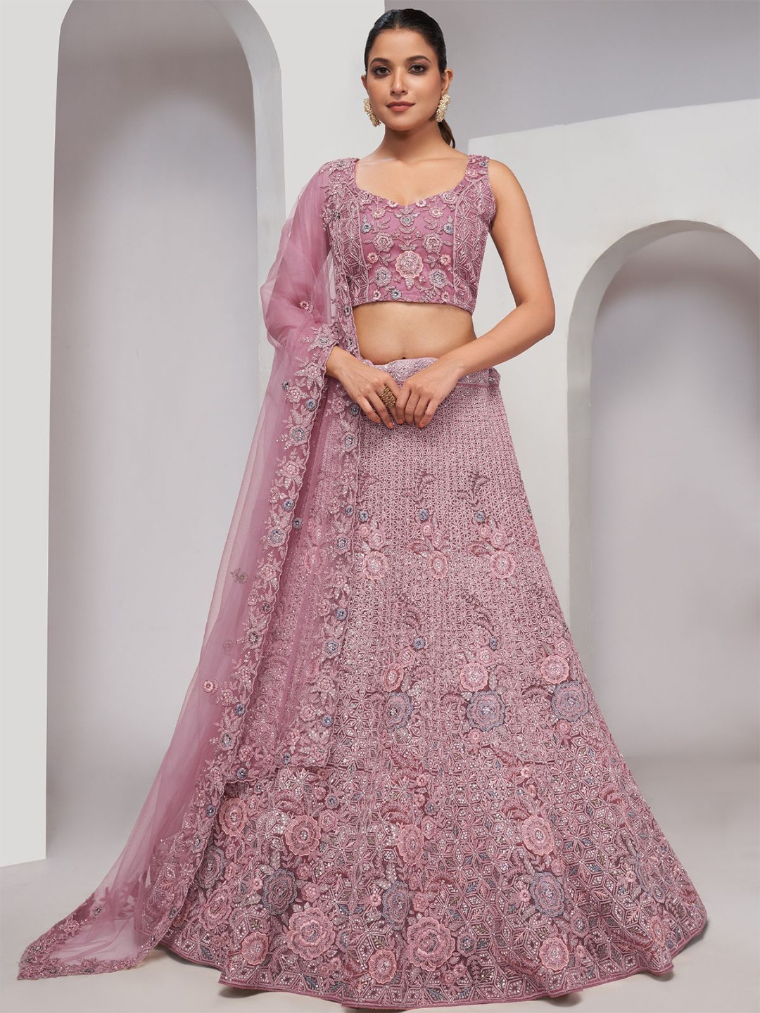 

ODETTE Embroidered Thread Work Semi-Stitched Net Lehenga & Unstitched Blouse With Dupatta, Mauve