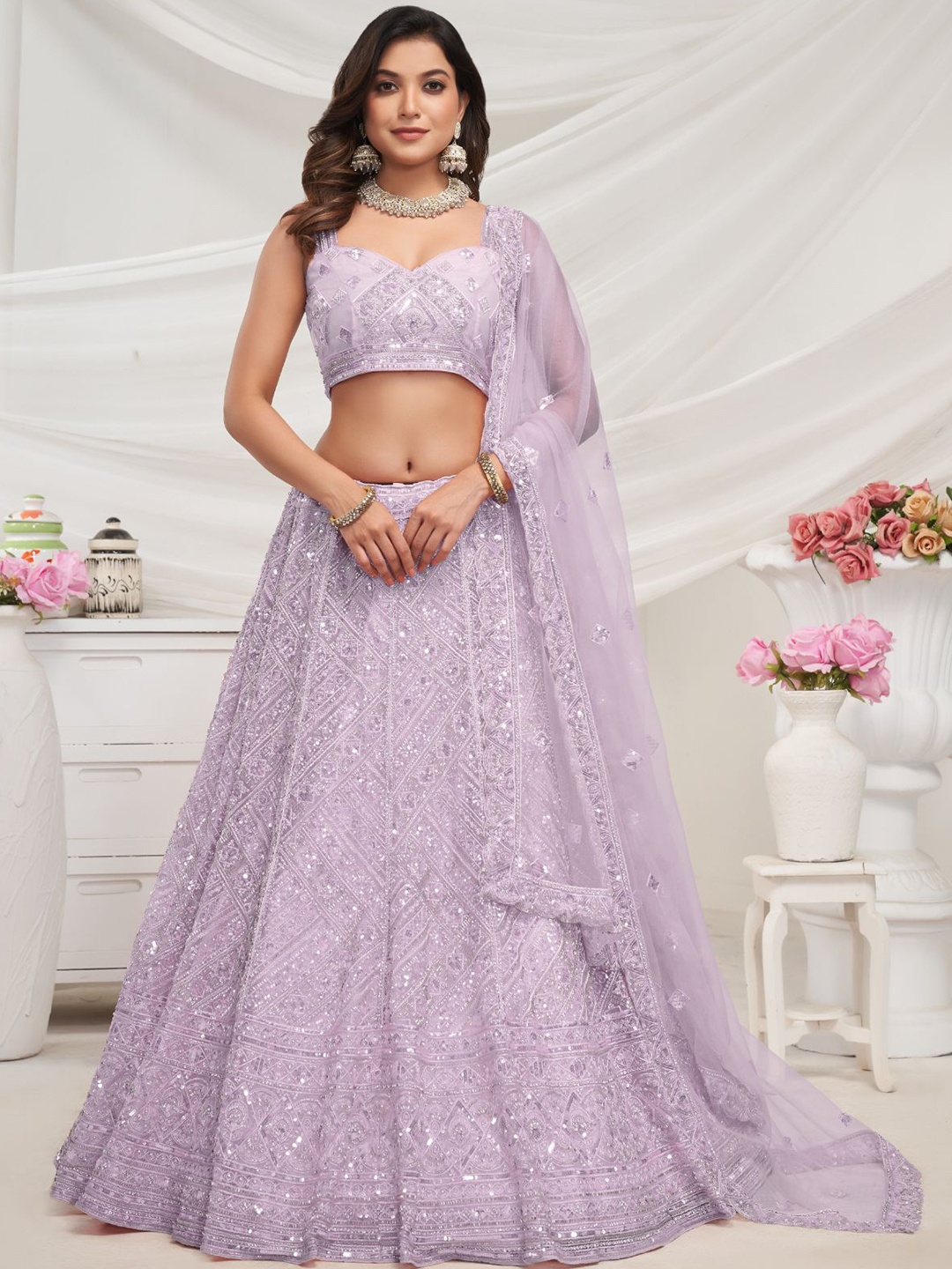 

ODETTE Embroidered Sequinned Semi Stitched Lehenga & Unstitched Blouse With Dupatta, Mauve