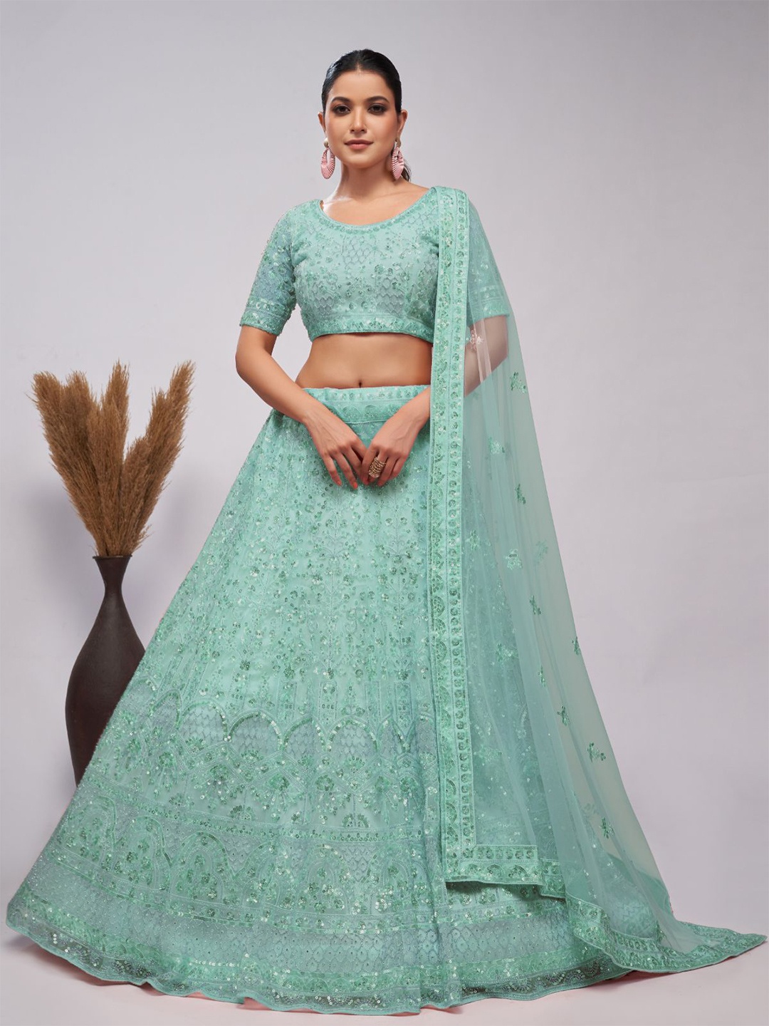 

ODETTE Embroidered Thread Work Semi-Stitched Lehenga & Unstitched Blouse With Dupatta, Blue