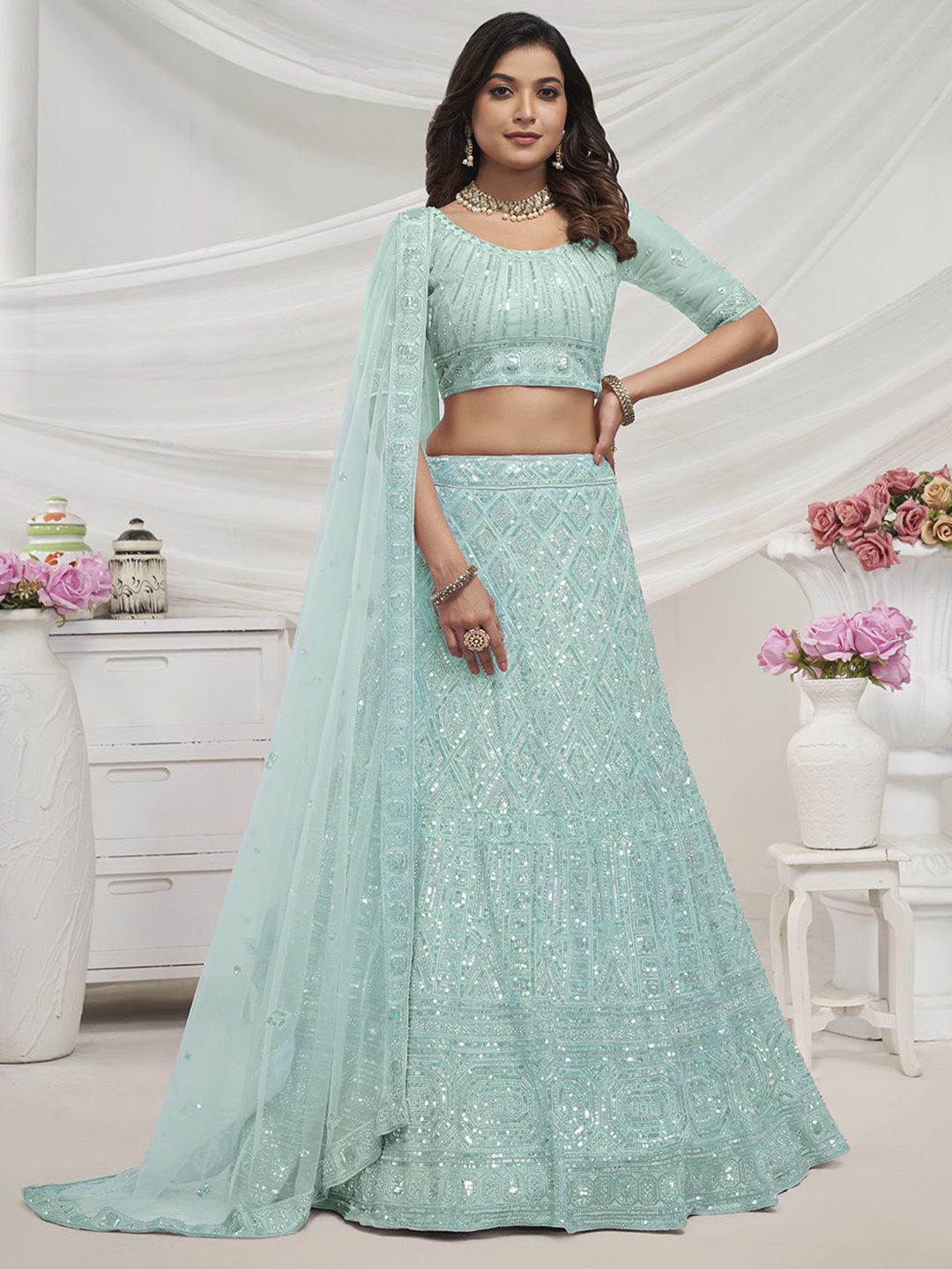 

Fusionic Embroidered Sequinned Semi-Stitched Lehenga & Unstitched Blouse With Dupatta, Blue
