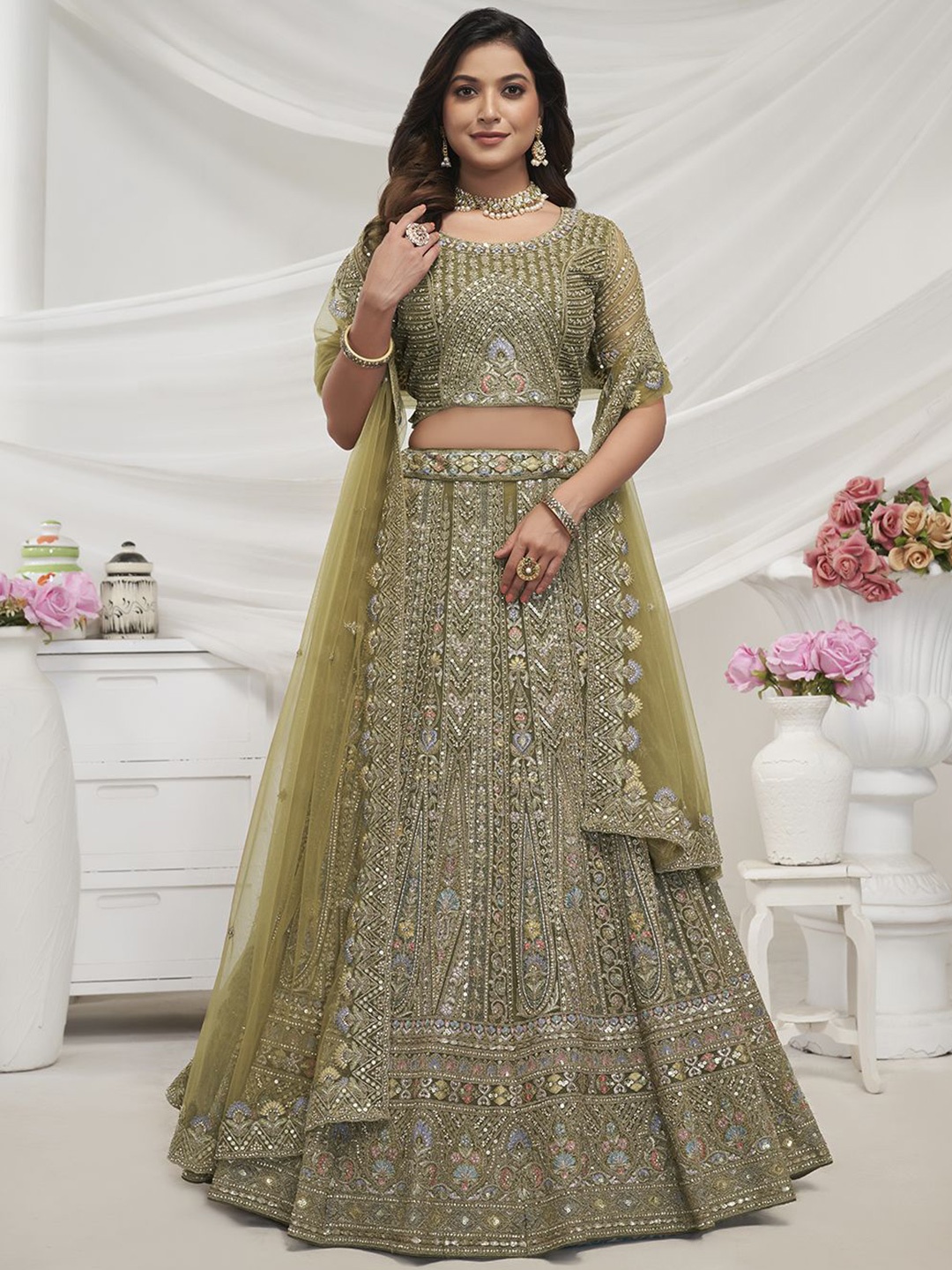 

Fusionic Embroidered Sequinned Semi-Stitched Lehenga & Unstitched Blouse With Dupatta, Olive