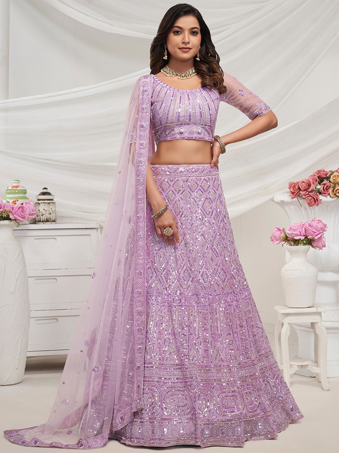 

Fusionic Embroidered Sequinned Semi-Stitched Net Lehenga & Unstitched Blouse With Dupatta, Lavender
