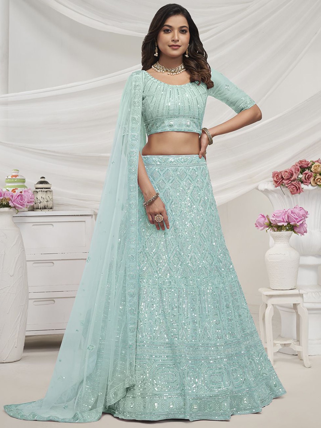 

Fusionic Embroidered Beads & Stones Semi-Stitched Lehenga & Unstitched Blouse With Dupatta, Blue
